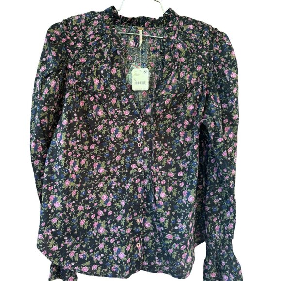NEW Free People Small Meant To Be Smocked Blouse Floral  Combo Peasant Boho - Picture 4 of 11